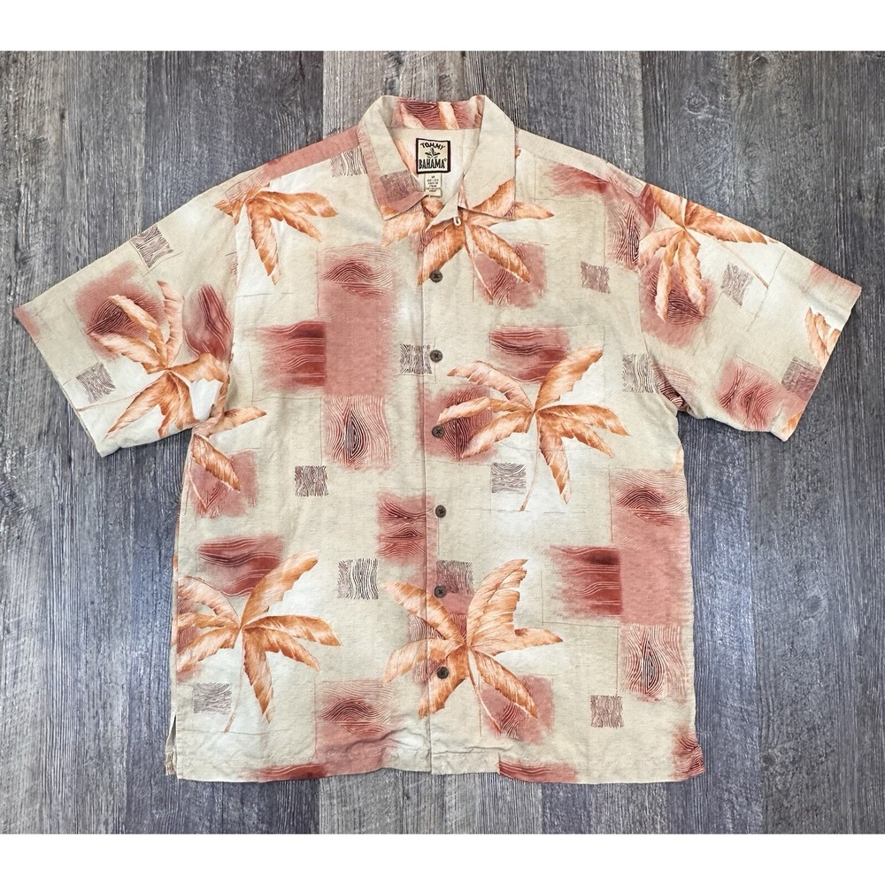 Tommy Bahama Button Up Shirt Mens Medium Beige Orange Silk Tropical Palm Leaf